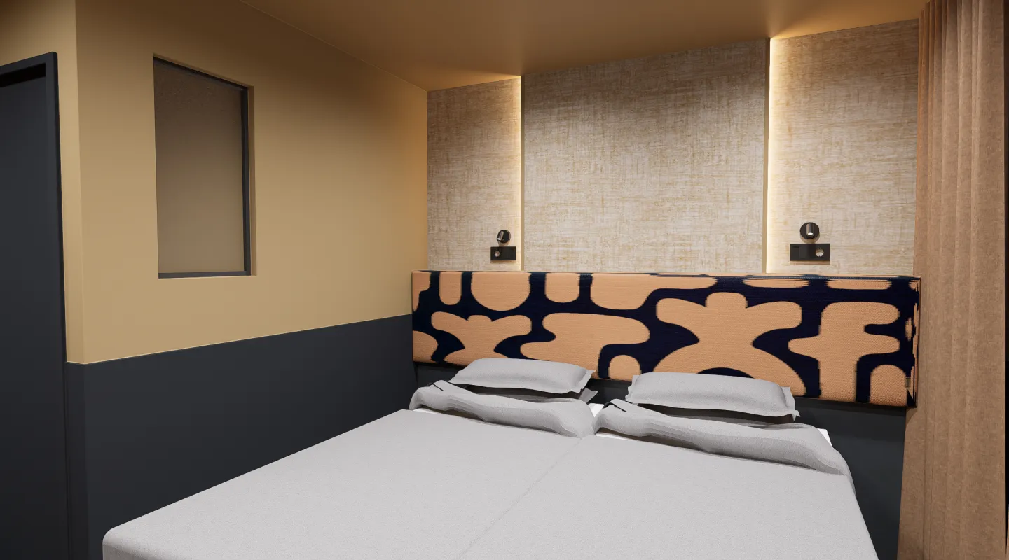 A CGI render of the new Kabannas Nest room and a comfortable bed