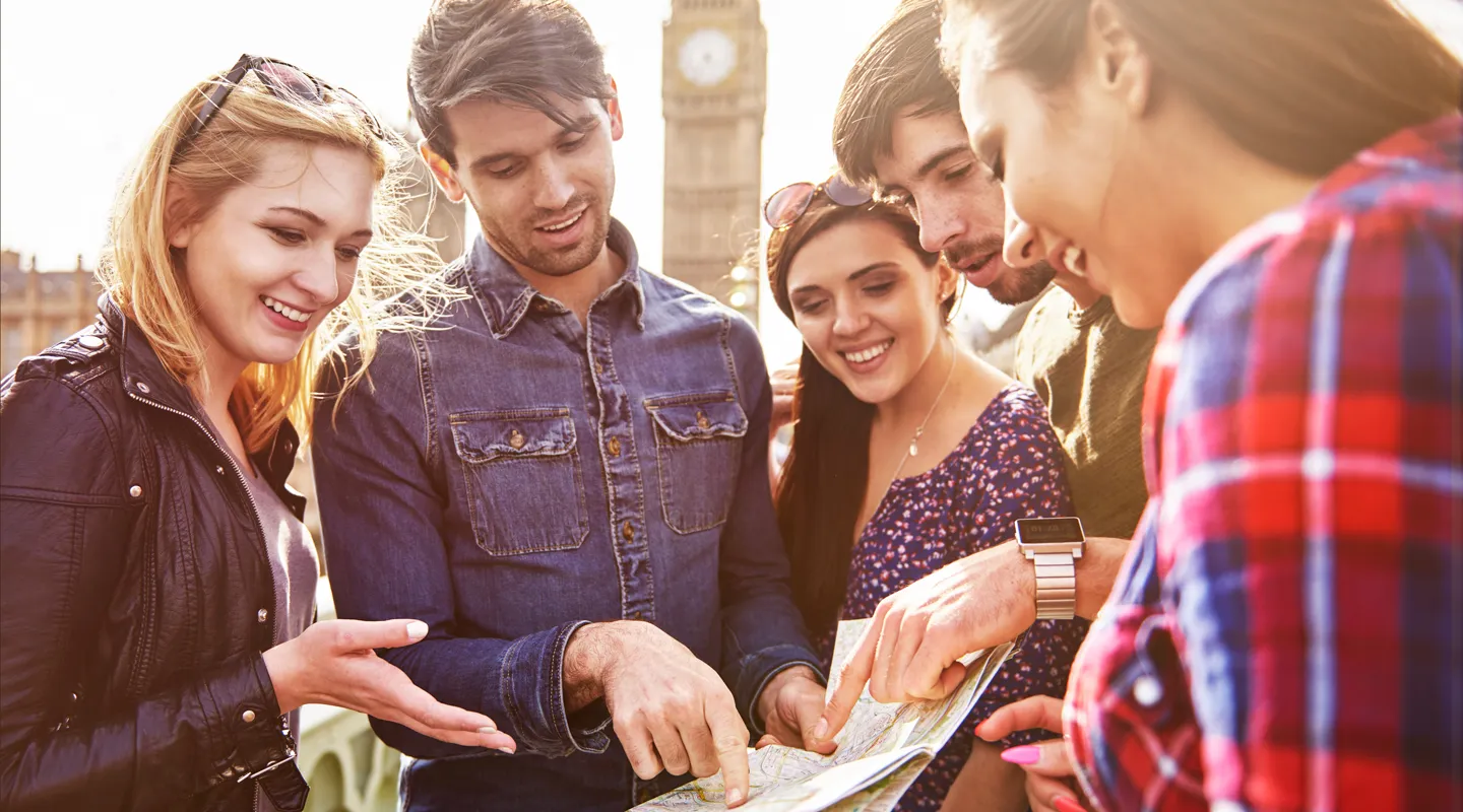 A group of friends visiting London attractions 